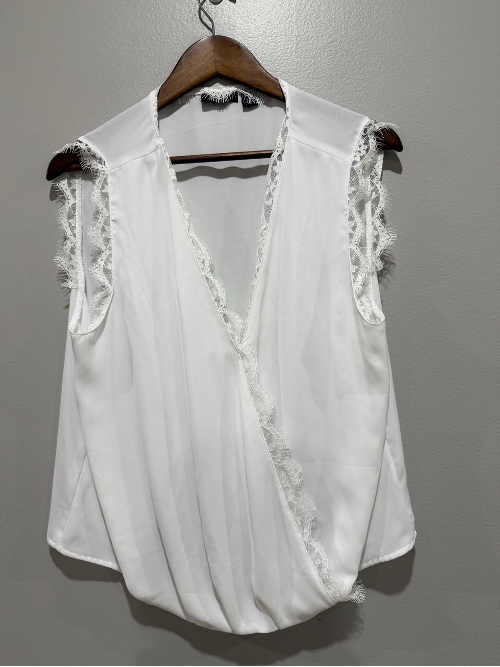 Lace Trim Sleeveless Wrap Blouse -